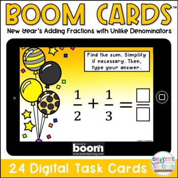 Preview of BOOM Cards™ New Year's Adding Fractions with Unlike Denominators