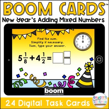 Preview of BOOM Cards™ New Year's Adding Mixed Numbers