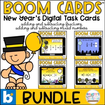 Preview of BOOM Cards™ New Year's Adding and Subtracting Fractions Bundle