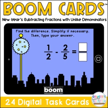 Preview of BOOM Cards™ New Year's Subtracting Fractions with Unlike Denominators