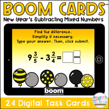 Preview of BOOM Cards™ New Year's Subtracting Mixed Numbers with Unlike Denominators