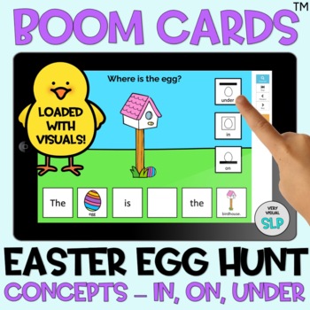 Preview of BOOM Cards™️ Basic Concepts (Prepositions) Adapted Book: Easter Egg Hunt