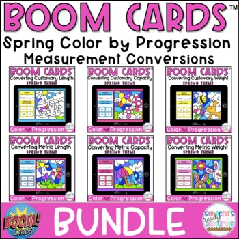 Preview of BOOM Cards™ Spring Theme Measurement Conversions Color by Number Bundle