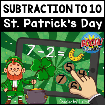 Preview of BOOM Cards: St. Patrick's Day Subtraction to 10 | Preschool Math Within 10