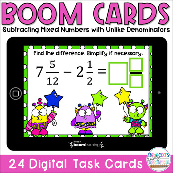 Preview of BOOM Cards™ | Subtracting Mixed Numbers with Unlike Denominators