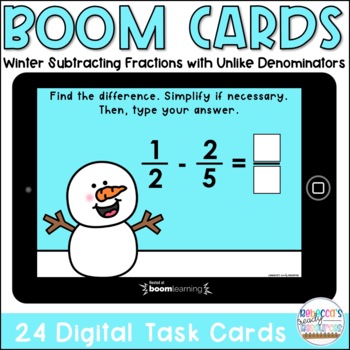 Preview of BOOM Cards™ Winter Subtracting Fractions with Unlike Denominators