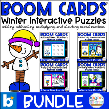 Preview of BOOM Cards™ Winter Themed Interactive Puzzles Bundle | Mixed Numbers
