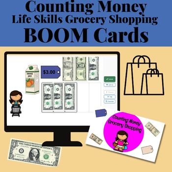Preview of BOOM Cards for Life Skills Counting Money to Match Price Tag Grocery Shopping