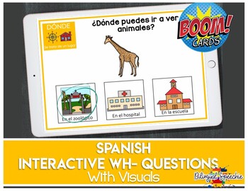 Preview of BOOM Cards in Spanish | Interactive WH- Questions | for Speech Teletherapy