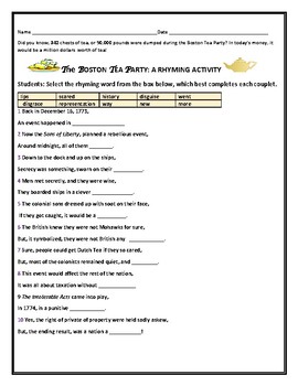 BOSTON TEA PARTY: A RHYMING ACTIVITY by HOUSE OF KNOWLEDGE AND KINDNESS