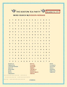 Preview of BOSTON TEA PARTY: WORD SEARCH W/ HIDDEN MESSAGE!