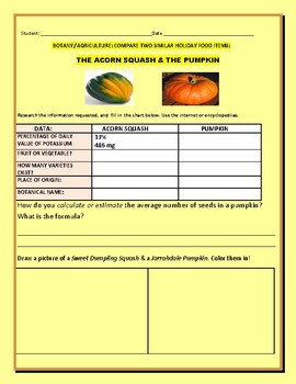 Preview of BOTANY/AGRICULTURE: COMPARE 2  AUTUMN FOOD ITEMS: THE ACORN SQUASH & PUMPKIN