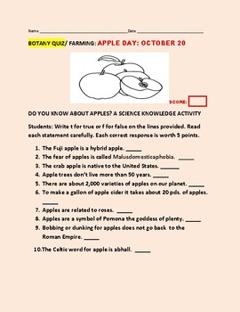 Preview of BOTANY: APPLE DAY QUIZ:  A SCIENCE KNOWLEDGE ACTIVITY