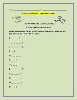 Preview of BOTANY/ HORTICULTURE: WORD GAME  W/ ANSWER KEY