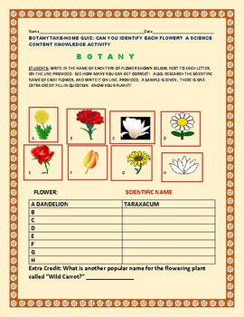 Preview of BOTANY QUIZ: CAN YOU IDENTIFY THE FLOWERS? A SCIENCE KNOWLEDGE ACTIVITY