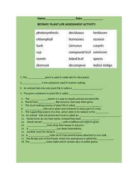 Preview of BOTANY/PLANT LIFE ASSESSMENT/ACTIVITY GRADES 4-8