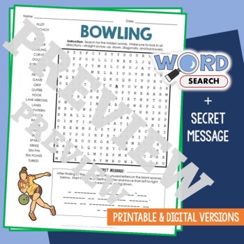 Preview of BOWLING Word Search Puzzle Activity Vocabulary Worksheet Secret Message