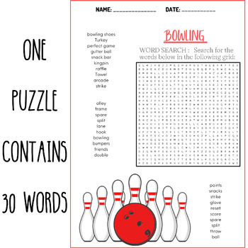 BOWLING Word Search Puzzle Worksheets Activities By PUZZLES AND