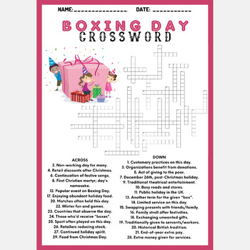BOXING DAY crossword puzzle worksheet activity by Mind Games Studio