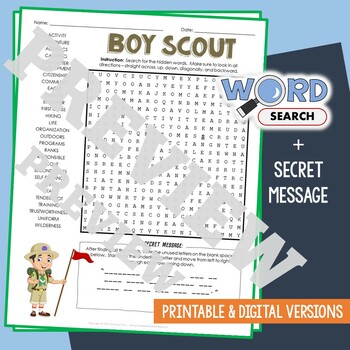Preview of BOY SCOUT Word Search Puzzle Activity Vocabulary Worksheet With Secret Message