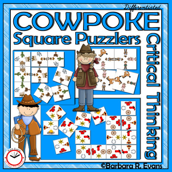 Preview of BRAIN TEASER SQUARE PUZZLES Cowboys Activity Critical Thinking Logic GATE
