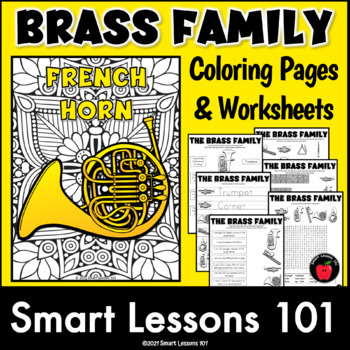 Preview of BRASS FAMILY INSTRUMENTS Coloring Pages Worksheets Music Posters Bulletin Board