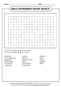 Preview of BRASS INSTRUMENTS WORD SEARCH ONLINE,VIRTUAL