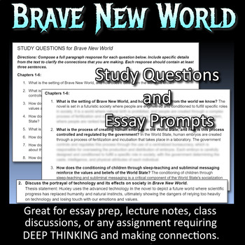 Preview of BRAVE NEW WORLD Study Questions & Essay Prompts (review, test, lecture ) DOCX