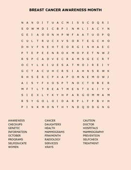 Breast Cancer Awareness Month Words Search Puzzle Activity Worksheet, Health