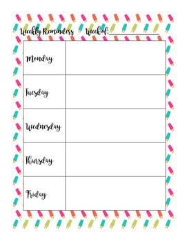 BRIGHT COLORED Printable Weekly Reminder Pages by One Special Teacher