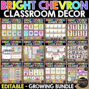 Preview of BRIGHT RAINBOW CHEVRON Classroom Decor GROWING BUNDLE Colorful Neon