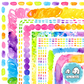 Preview of BRIGHT Rainbow Watercolor Clipart Borders, Summer Page Border Clip Art Frames