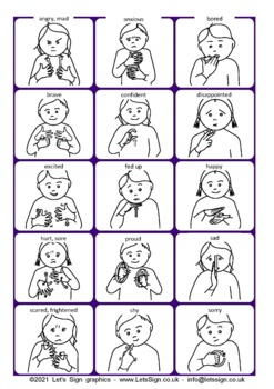 BSL FEELINGS SIGNS Easy Print Line Drawing Version by Let's Sign