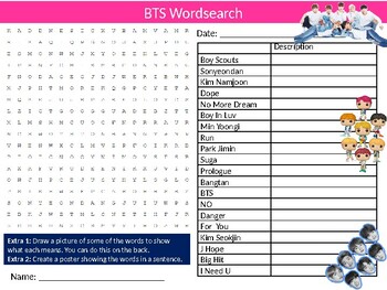Preview of BTS Wordsearch Puzzle Sheet Keywords Music Musicians K-Pop Famous Group