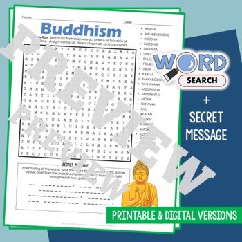 Preview of BUDDHISM Religion Word Search Puzzle Activity Worksheet Secret Message