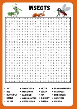 BUGS & INSECTS WORD SEARCH PUZZLE WORKSHEET ACTIVITY by Best Little Teacher