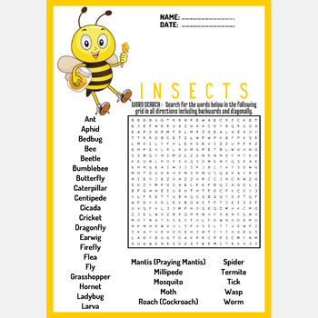 BUGS & INSECTS word search puzzle worksheets activities | TPT