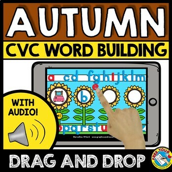 Preview of BUILDING CVC WORD WORK FALL ACTIVITY 1ST GRADE BOOM CARDS EASY MORNING WORK GAME