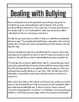 Preview of BULLYING Reading Comprehension Passage + Questions, and Coloring Pages!