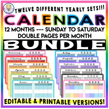 Preview of BUNDLE #1 Editable & Printable Monthly Calendar Sunday to Saturday - 12 SETS!