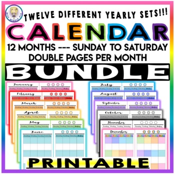 Preview of BUNDLE #1 Printable Monthly Calendar - Sunday to Saturday - 12 SETS!