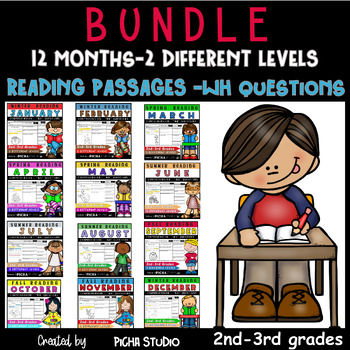 Preview of BUNDLE  12 Months Reading Comprehension Passages  (leveled)
