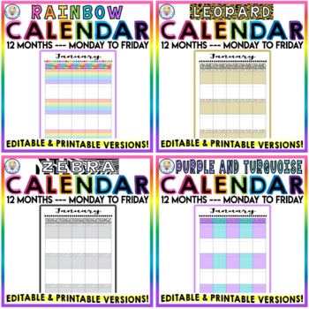 BUNDLE #2 Editable & Printable Monthly Calendar Monday to Friday - 12 SETS!