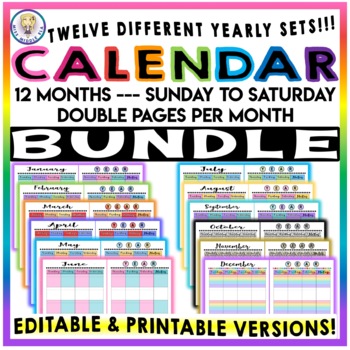 Preview of BUNDLE #2 Editable & Printable Monthly Calendar Sunday to Saturday - 12 SETS!
