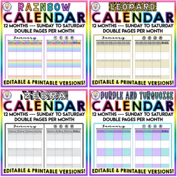 Bundle #2 Editable & Printable Monthly Calendar Sunday To Saturday - 12 