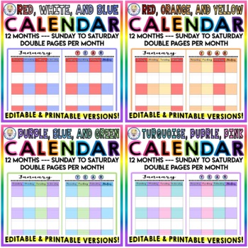 BUNDLE #2 Editable & Printable Monthly Calendar Sunday to Saturday - 12 ...