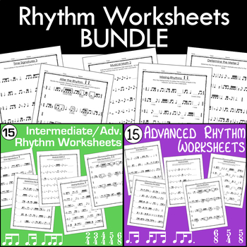 Preview of BUNDLE - 30 Intermediate to Advanced Rhythm Worksheets