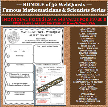 Preview of BUNDLE 32 Math Science WebQuest Research Project Biography Graphic Organizer