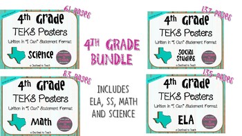 Preview of BUNDLE - 4th Grade “I Can” Statement TEKS Objectives Posters - Distressed