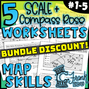 Preview of BUNDLE: 5 Map Skills Worksheets: Scale & Compass Rose (NO PREP) #1-5